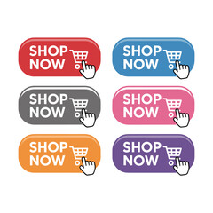 Shop Now Buttons Set: A set of vividly colored Shop Now buttons, each paired with a shopping cart icon and a hand cursor, inviting immediate action with a touch of digital flair.