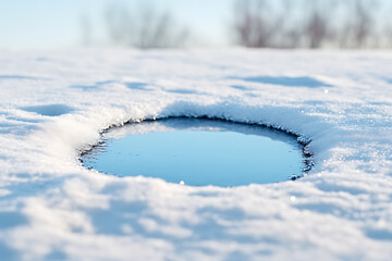 Melting snow creates a serene pool, reflecting the sky's blue. Nature's peaceful transition from winter, a sign of renewal and change.