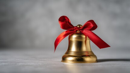 Elegant golden school bell decorated with a red ribbon bow placed on a light gray surface. Close-up view, symbol of ceremony, tradition, farewell, or festive school events.