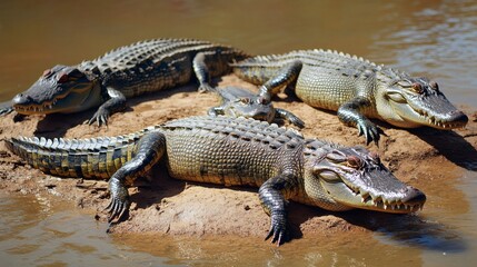 Obraz premium Three alligators resting on a sandy bank.