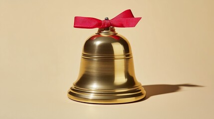 Golden school bell with a red ribbon bow on neutral beige background. Minimalist composition, clean shadows, symbolizing school events, traditions, or festive moments like graduation or first bell.