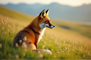 A striking red fox sits gracefully in a field of tall grass, its vibrant fur catching the first light of dawn. The serene landscape stretches into the distance, evoking peace and beauty