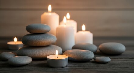 Gray stones and lit candles create a relaxing spa scene