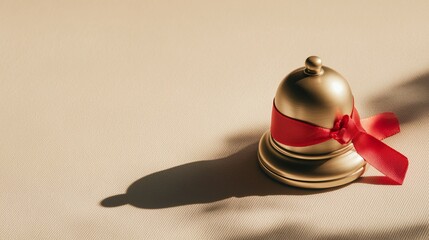 Golden school bell with a red ribbon bow on neutral beige background. Minimalist composition, clean shadows, symbolizing school events, traditions, or festive moments like graduation or first bell.