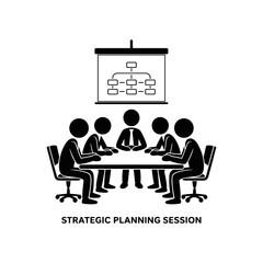 Strategic Planning Session: A monochrome, abstract illustration depicts a group of people engaged in a strategic planning session, brainstorming solutions and ideas.