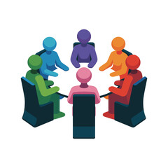 Round Table Assembly:  An illustration depicting a diverse group of individuals assembled around a circular table. A vivid representation of collaboration, and brainstorming. 