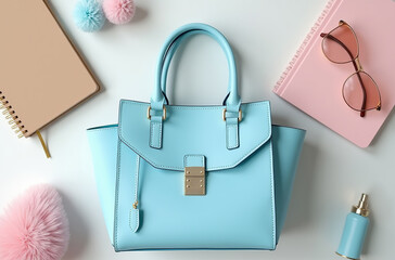 A light blue handbag takes center stage, surrounded by fluffy pastels and stationery, showcasing a chic and organized fashion aesthetic in a serene setting