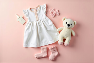 A charming collection of a white dress, pink socks, and a plush teddy bear laid out against a soft pink surface, perfect for a baby girl. This playful setup radiates warmth and cuteness