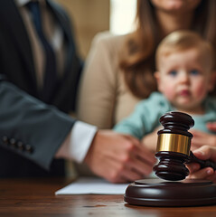 A father and mother engage in a court session focused on child custody while their baby attentively watches. The atmosphere reflects both tension and care for family matters