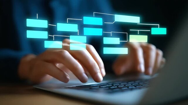 Hands typing on a keyboard with a digital flowchart interface overlay.