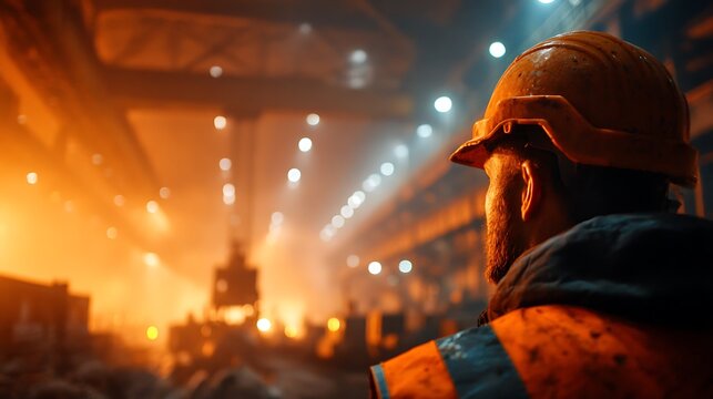 Worker in hard hat and reflective vest gazes into industrial factory with warm lighting