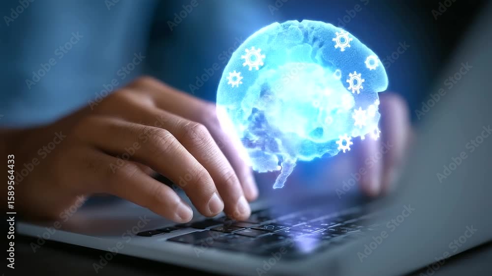 Poster hands typing on a laptop with a futuristic ai cloud interface overlay.