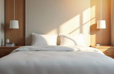 Soft sunlight filters through the window, casting a warm glow over a neatly arranged bed with white linens. Minimalistic decor and natural wood accents create a tranquil ambiance