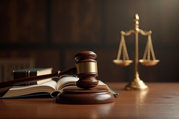 A gavel lies atop an open legal book, with a golden scale of justice positioned nearby, all illuminated by soft light in a professional courtroom atmosphere, imbued with a sense of authority