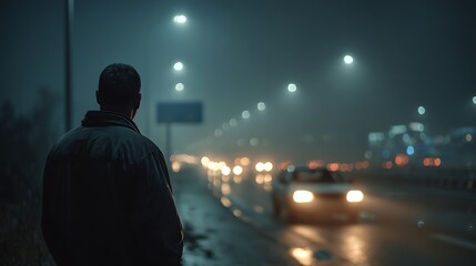 Man in dark jacket stands on wet road at night watching foggy highway traffic