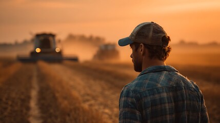 Farmer in a cap watches combine harvesters working in a field at sunset