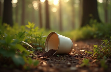 A white coffee cup lies on its side, spilling grounds onto the forest floor. Soft sunlight filters through the trees, creating a tranquil and magical atmosphere in the early morning