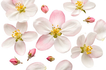 Fototapeta premium A scattering of pink and white apple blossoms and buds on a Transparent background