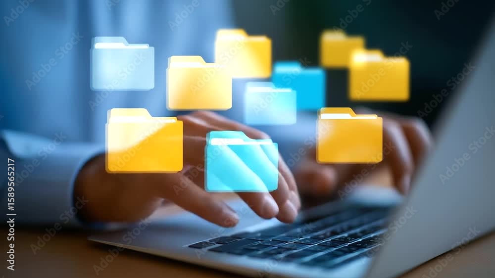 Poster zoomed-in view of hands working on a laptop, surrounded by digital file icons and previews.