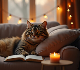 In a tranquil living room, a majestic cat lounges on a soft couch, its gaze fixed on an open book resting nearby, with flickering candlelight and cozy fairy lights adding warmth