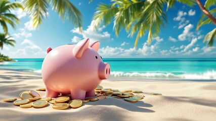 Tropical Piggy Bank Scene with Coins and Ocean Depicting Holiday Budget and Freedom