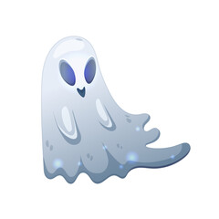 Cute ghost that flies above the ground for Halloween. Vector Illustration isolated on white.