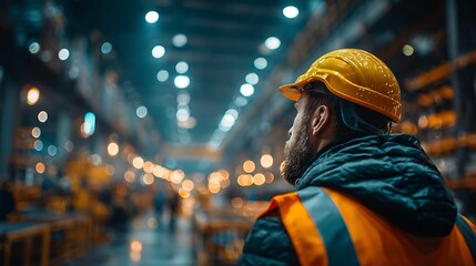 Worker wearing yellow hard hat and orange safety vest in a large industrial facility