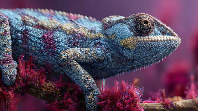 Colorful chameleon adapting on a vibrant branch in its natural habitat