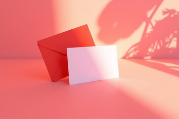 A vibrant red envelope stands upright beside a blank card, both placed on a smooth pink surface. Soft afternoon sunlight filters through, creating gentle shadows that enhance the composition