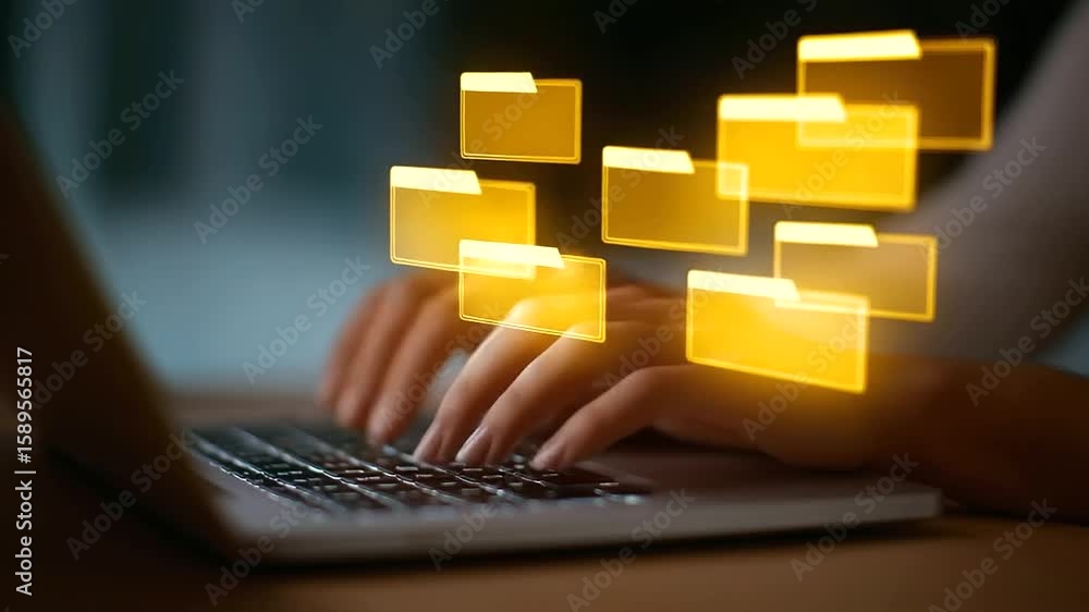 Poster hands typing on a laptop with animated yellow folder icons floating above.