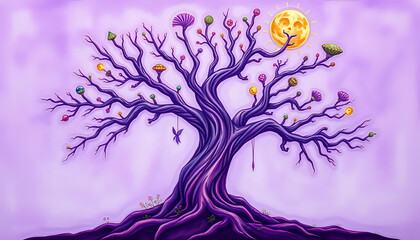 Obraz premium Purple tree with ornaments and sun against a light purple background in a whimsical style