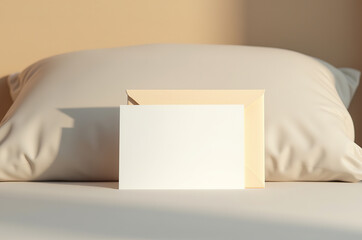 A blank white card and a soft beige envelope are positioned gently on a cream-colored pillow, creating a serene atmosphere perfect for writing heartfelt notes during a peaceful morning