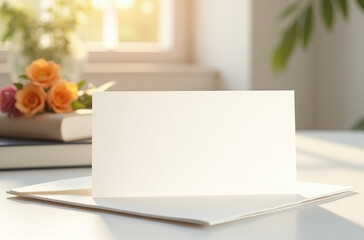 A serene moment captures a blank card poised on an inviting surface, surrounded by delicate flowers. Sunlight streams in, enhancing the peaceful atmosphere