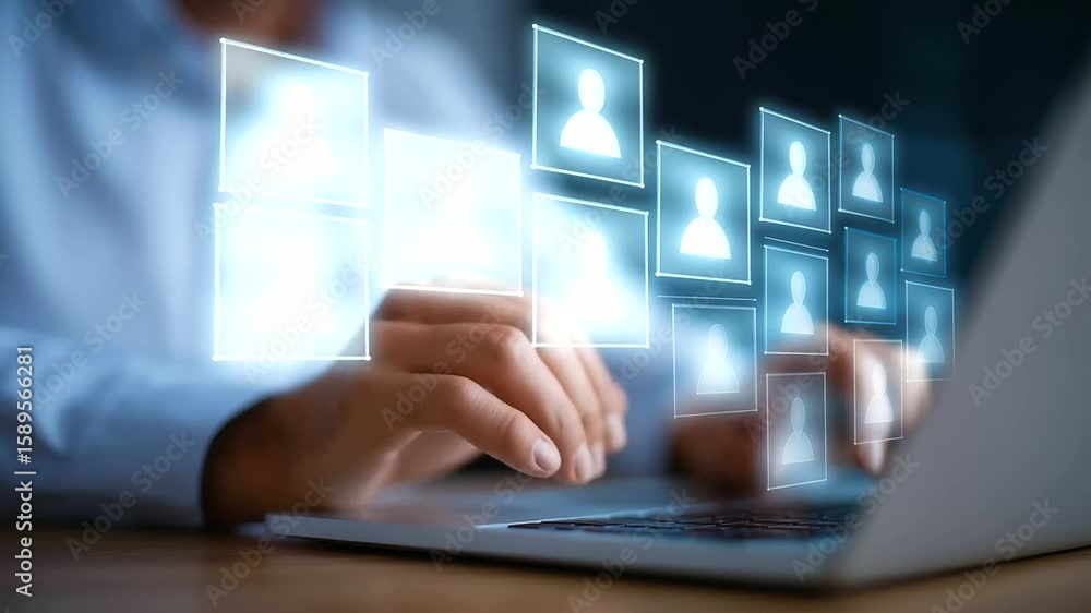 Aufkleber zoomed-in view of fingers typing on a laptop displaying user profiles.