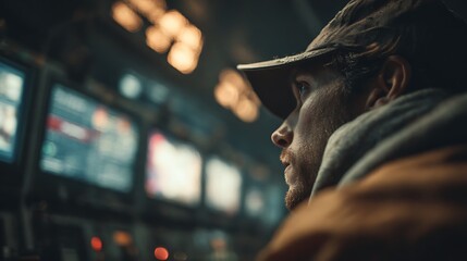 Man wearing a cap looking intently at screens in a dimly lit room