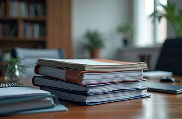 A tidy desk displays a stack of organized files with neatly arranged documents. Sunlight filters through large windows, illuminating the modern office ambiance