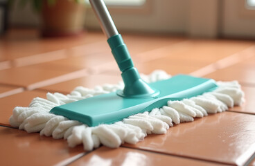 A bright morning illuminates freshly cleaned tiles in a cozy living area. A mop glides smoothly across the surface, ensuring a spotless finish. Sunlight enhances the warm atmosphere