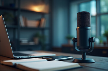 A modern workspace showcases a sleek microphone beside a laptop, surrounded by a notebook and phone. Soft evening light filters through the window, creating a tranquil atmosphere
