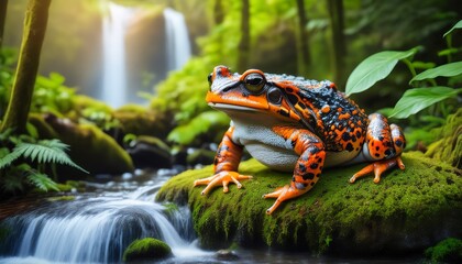 Fototapeta premium fire bellied toad relaxing by waterfall in a secluded forest glade