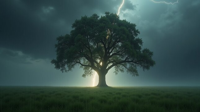 Lightning strikes behind a large tree in a grassy field during a storm.