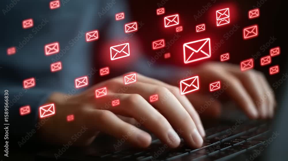 Poster zoomed-in view of fingers typing on a keyboard as email notifications and alerts pop up.