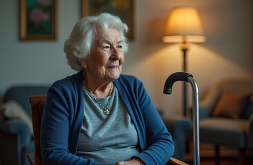 An elderly woman sits comfortably in an inviting living room, her thoughtful gaze directed out of view, accompanied by a gentle smile and a cane nearby. Warm light creates a serene atmosphere