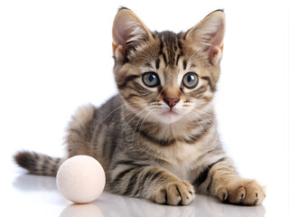 A lively tabby kitten explores its surroundings with wide eyes, playfully pawing at a soft white ball on a reflective surface, embodying youthful energy and curiosity