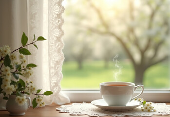 A cozy cup of steaming tea rests on a lace doily, surrounded by delicate flowers, while sunlight filters through a curtained window into a serene garden outside