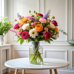 A colorful bouquet showcases a blend of seasonal flowers, including roses and daisies, elegantly arranged in a clear glass vase on a stylish table, enhancing the sunlit atmosphere