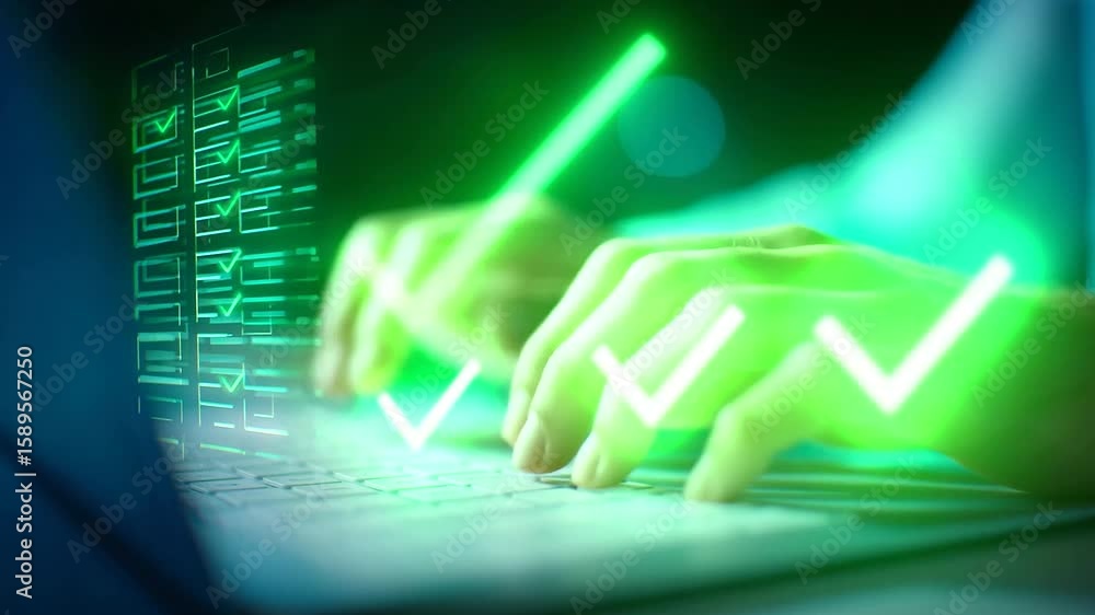 Poster hands typing on a keyboard with futuristic holographic interface overlay.