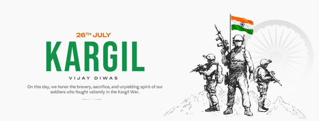 26th July Kargil Vijay Diwas Tribute Design with Indian Flag and Army Soldiers