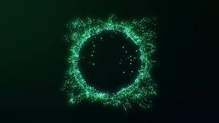 Glowing abstract green energy sphere made of particles in dark space. Futuristic digital explosion ring with radial lines and dynamic movement. Sci-fi tech background. Seamless loop animation - Powered by Adobe