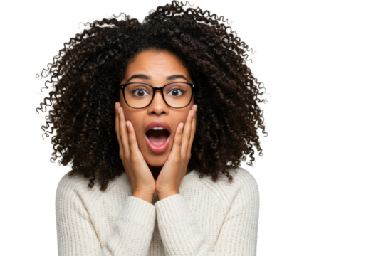 Young mixed-race woman, early 20s, dark curly hair, thick eyeglasses, white knit sweater, mouth open O-shape, hands cupped in awe, clean transparent studio background, left copy space, bright studio