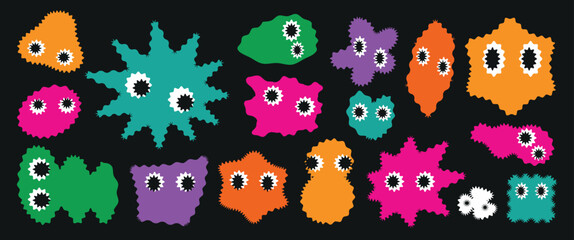 Fototapeta premium Colorful Vector Icons Set with Circular Frames and Playful Monster Heads – Cute and Funny Characters for Children’s Designs and Logos